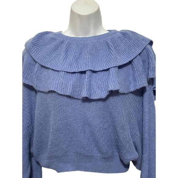 Zara NWOT Ruffled Sweater S Blue Long Sleeves Chunky Knit Crop Pullover Crochet - Picture 3 of 7